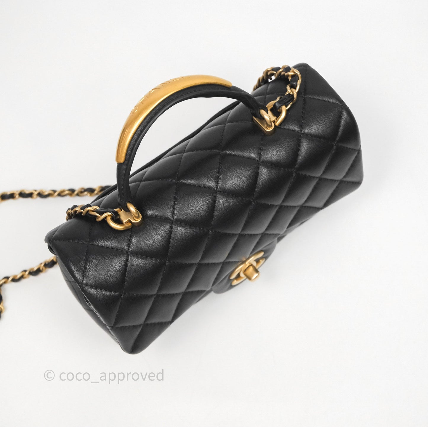 Chanel Metal Top Handle Mini Rectangular Flap Bag Black Lambskin Aged Gold Hardware