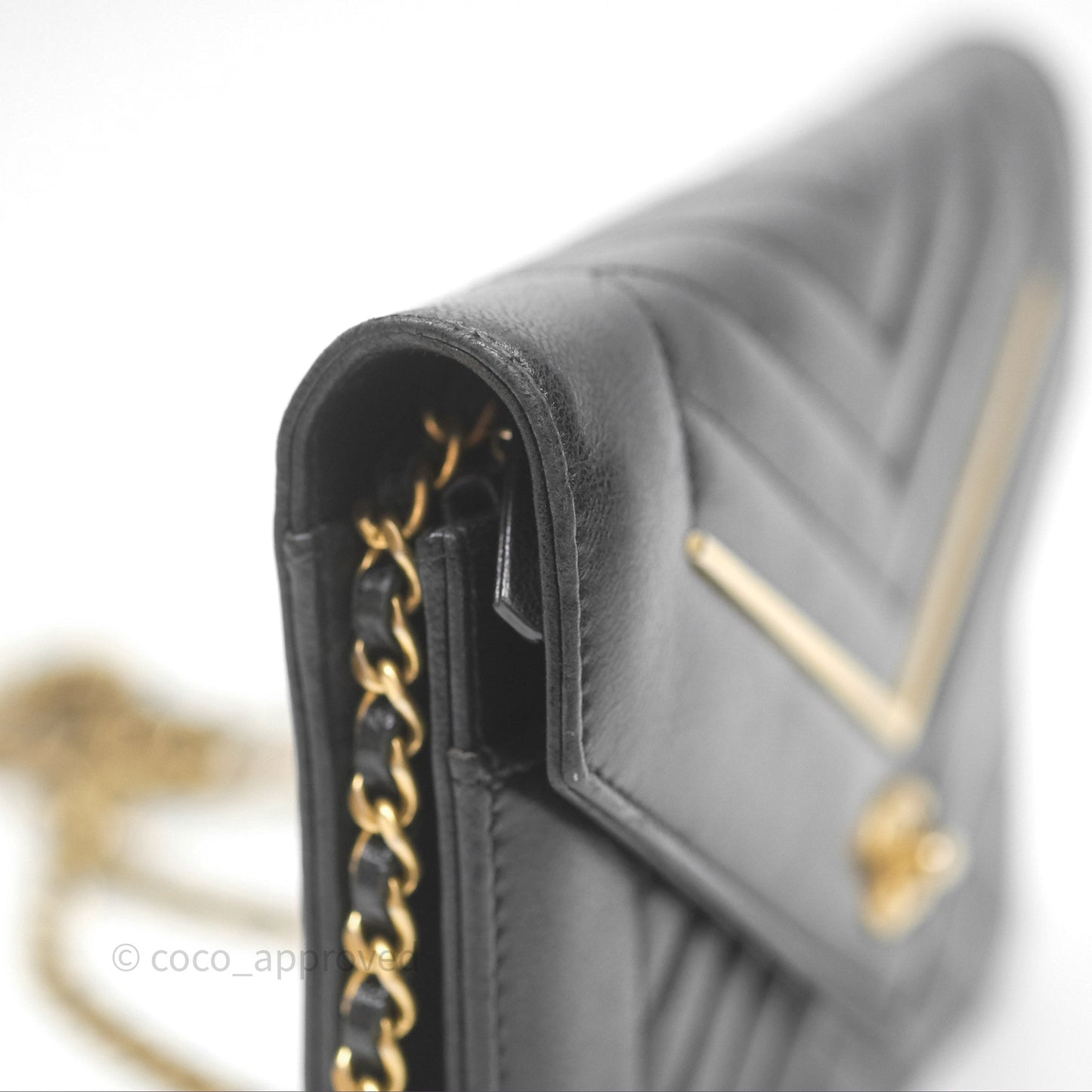 Chanel Reversed Chevron Wallet On Chain WOC Black Lambskin Aged Gold Hardware
