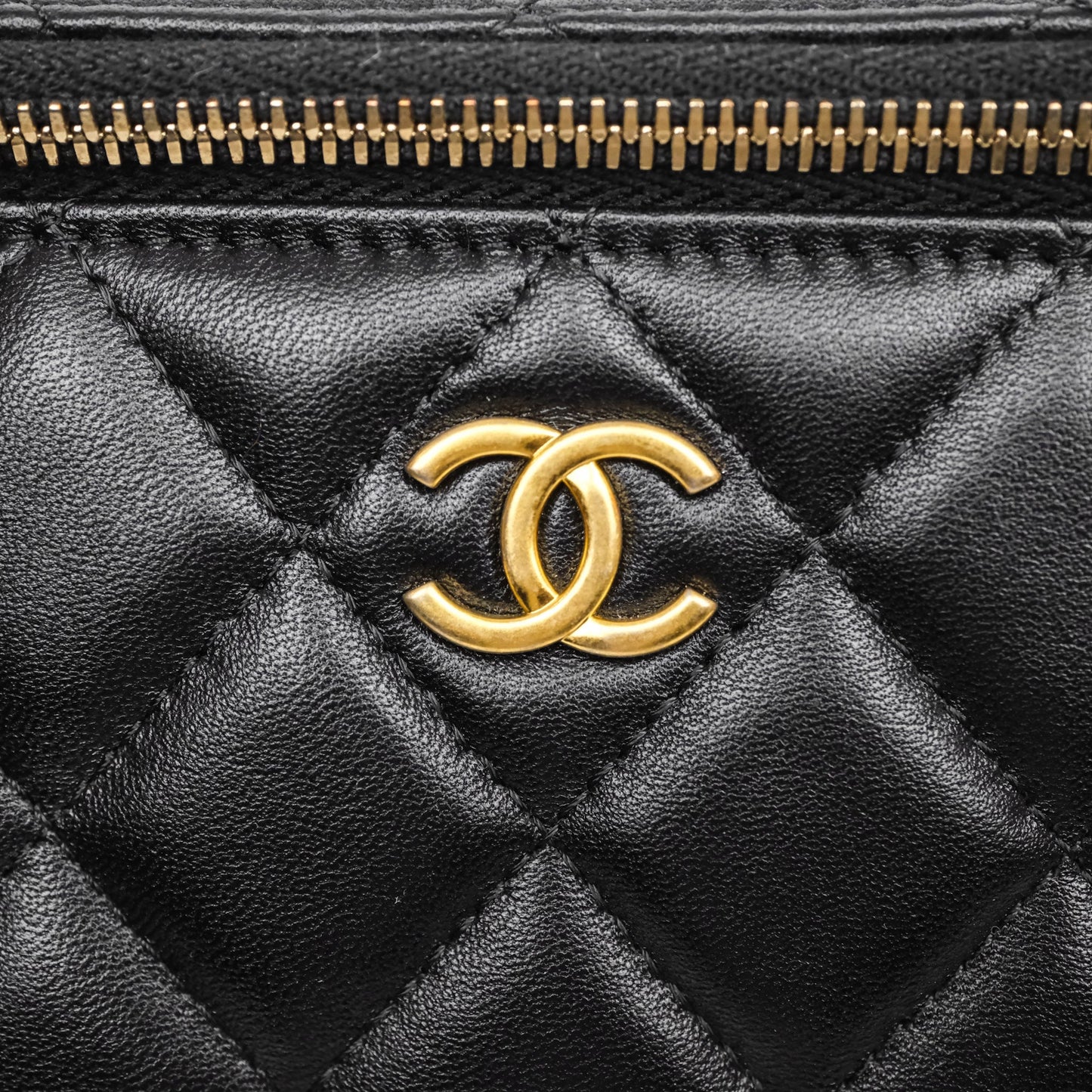 Chanel Vanity Rectangular Metal Top Handle Black Lambskin Aged Gold Hardware
