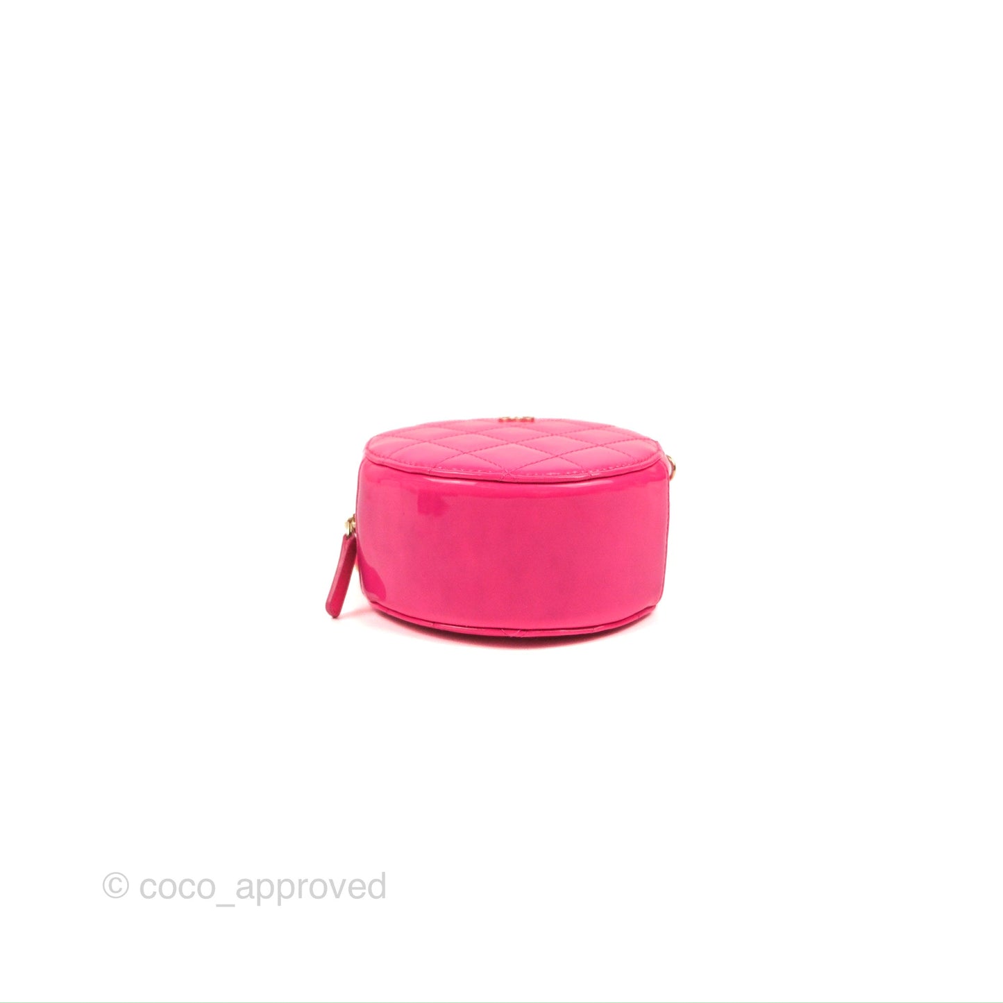 Chanel Classic Quilted Round Clutch Neon Pink Patent Gold Hardware
