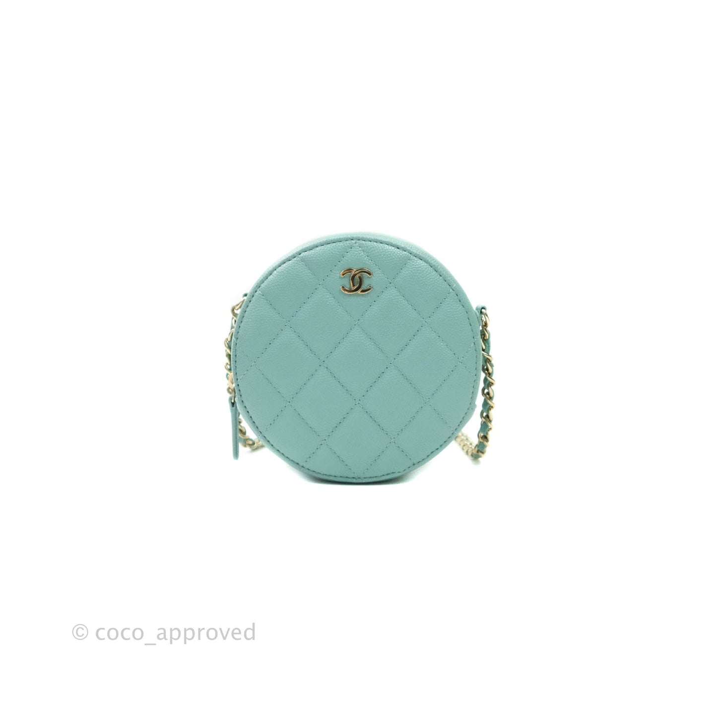 Chanel Classic Quilted Round Clutch With Chain Tiffany Blue Caviar Gold Hardware