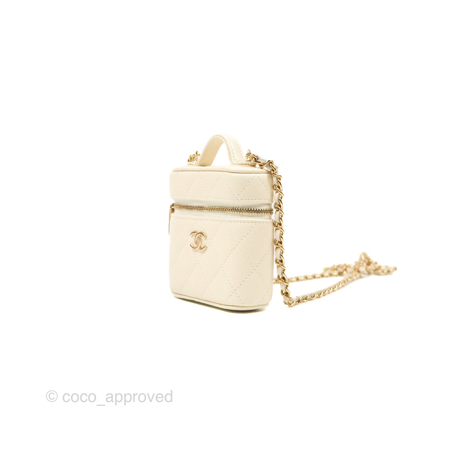 Chanel Quilted Small Handle With Care Vanity Case With Chain White Caviar Gold Hardware