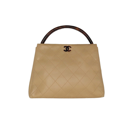 Luxury Chanel bag Vintage Beige Quilted Tortoise Motif Handle Bag