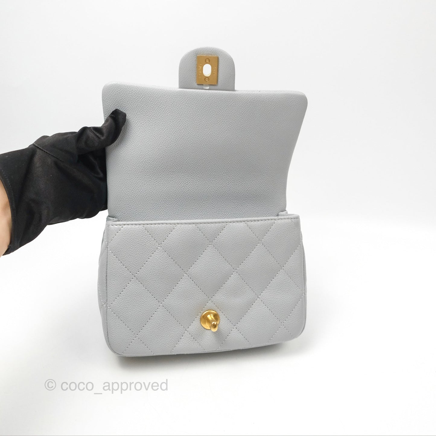 Chanel Mini Flap Bag Heart Adjustable Chain Grey Caviar Aged Gold Hardware