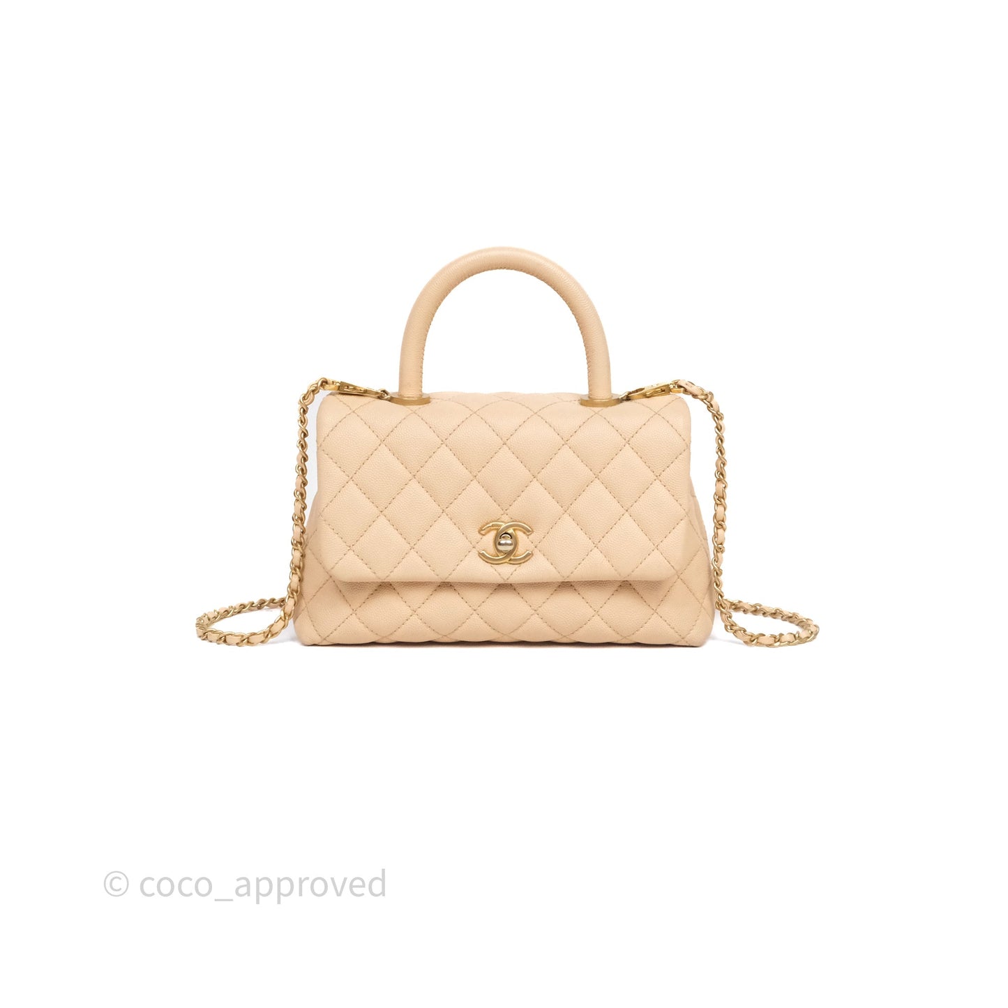 Chanel Small Coco Handle Quilted Beige Caviar Aged Gold Hardware