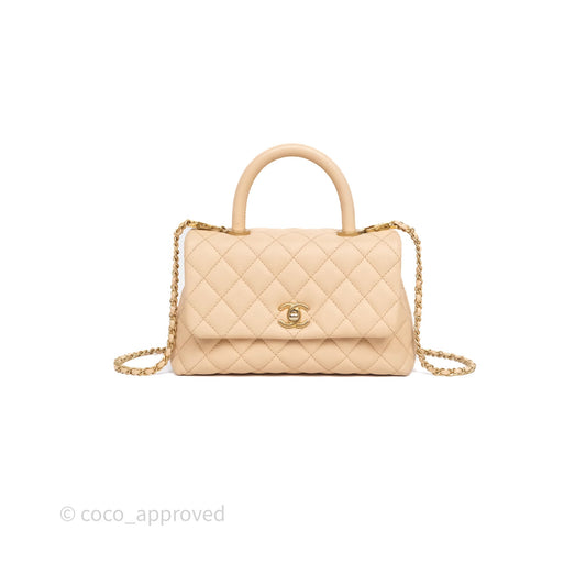 Chanel Small Coco Handle Quilted Beige Caviar Aged Gold Hardware