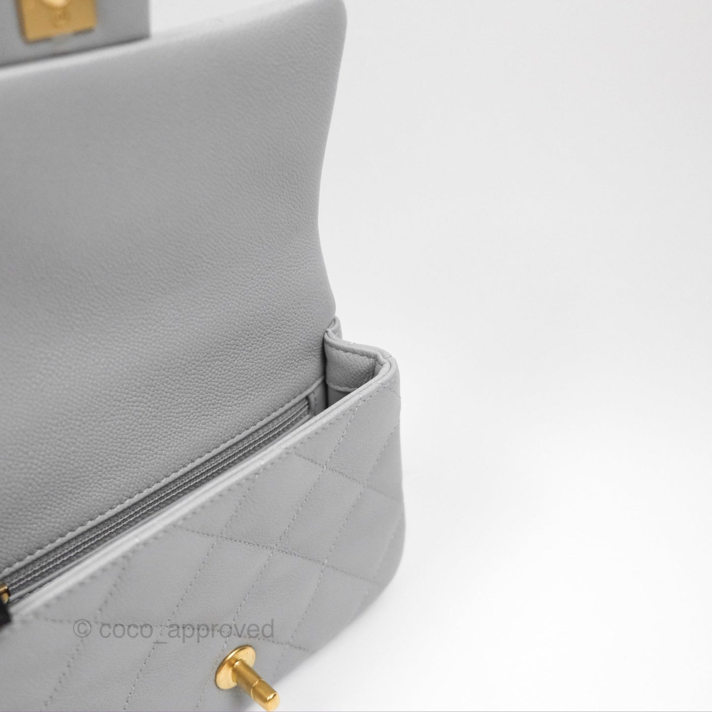 Chanel Mini Flap Bag Heart Adjustable Chain Grey Caviar Aged Gold Hardware