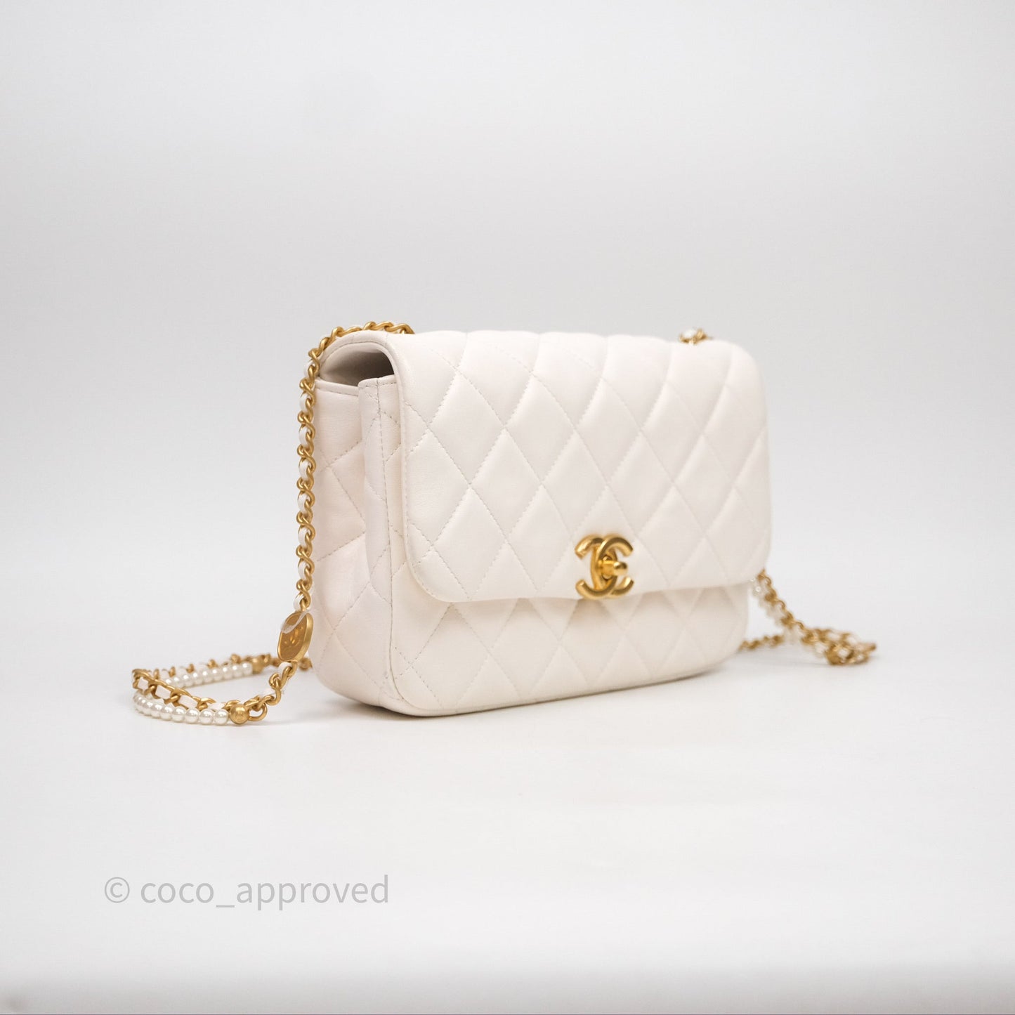 Chanel Flap Bag with Pearl Chain Ivory White Aged Gold Hardware 25P