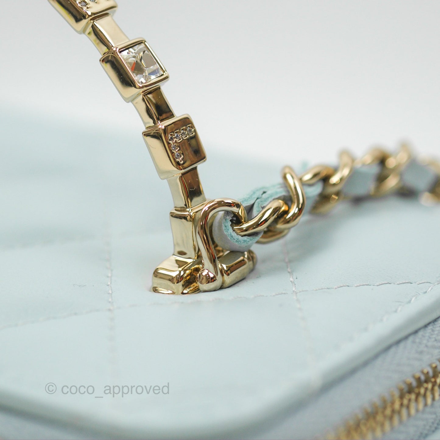 Chanel Vanity Rectangular Logo Crystal Top Handle Light Blue Lambskin Gold Hardware