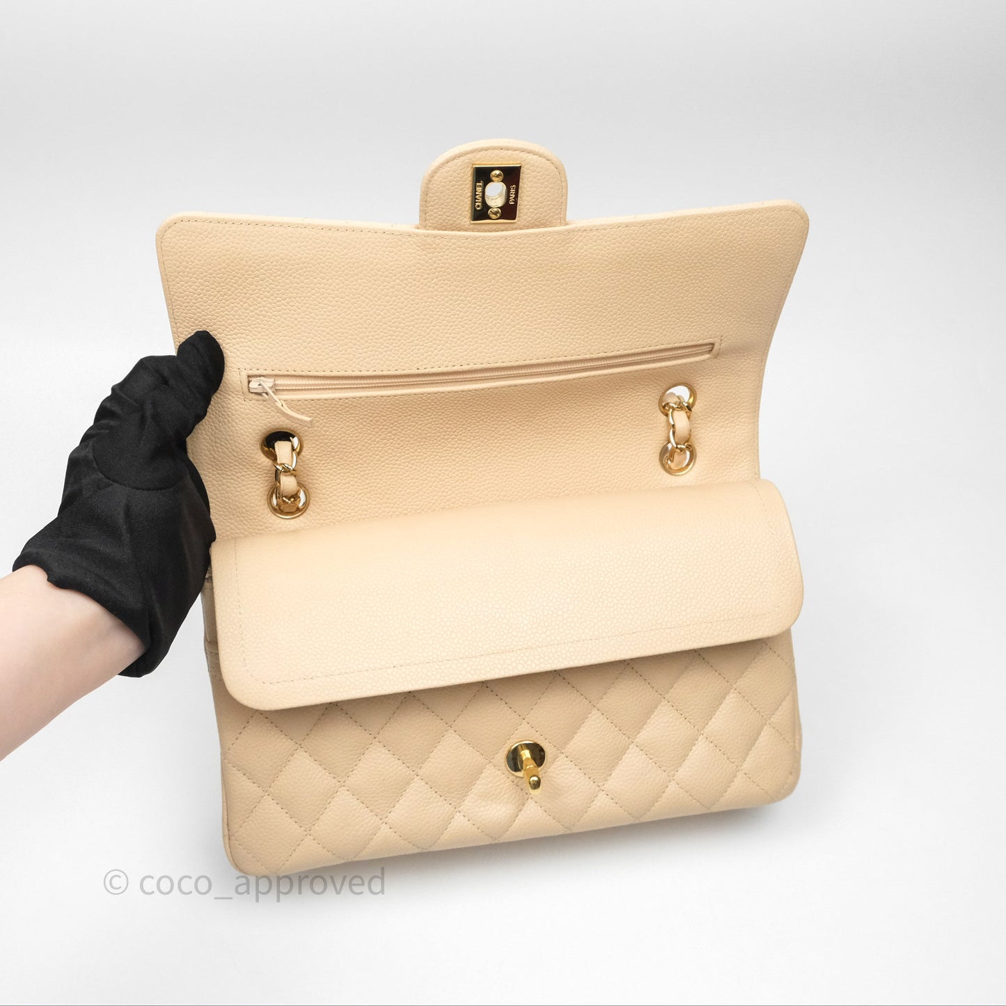 Chanel M/L Medium Classic Flap Quilted Beige Caviar Gold Hardware