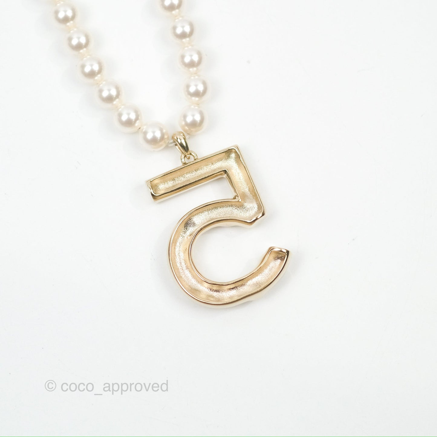 Chanel Crystal CC No.5 Pearl Necklace Gold Tone 21S