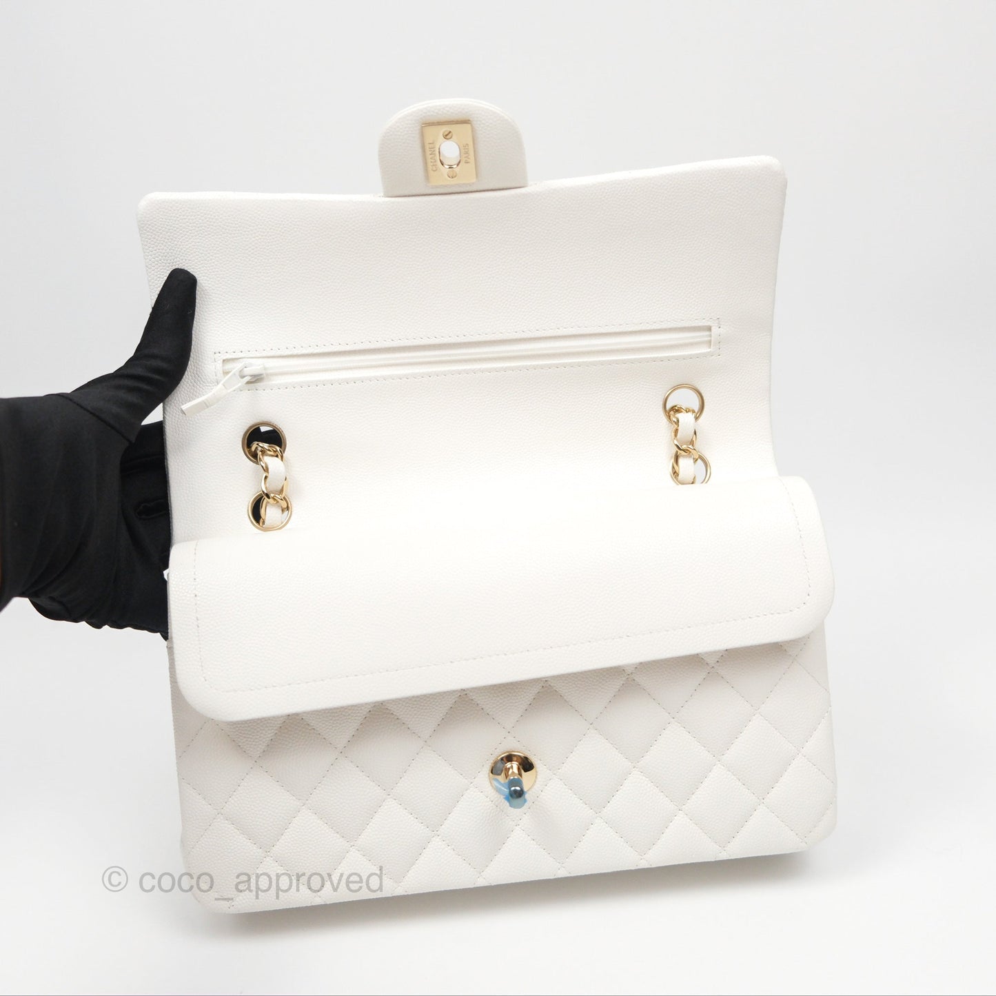 Chanel Classic M/L Medium Flap Quilted White Caviar Gold Hardware