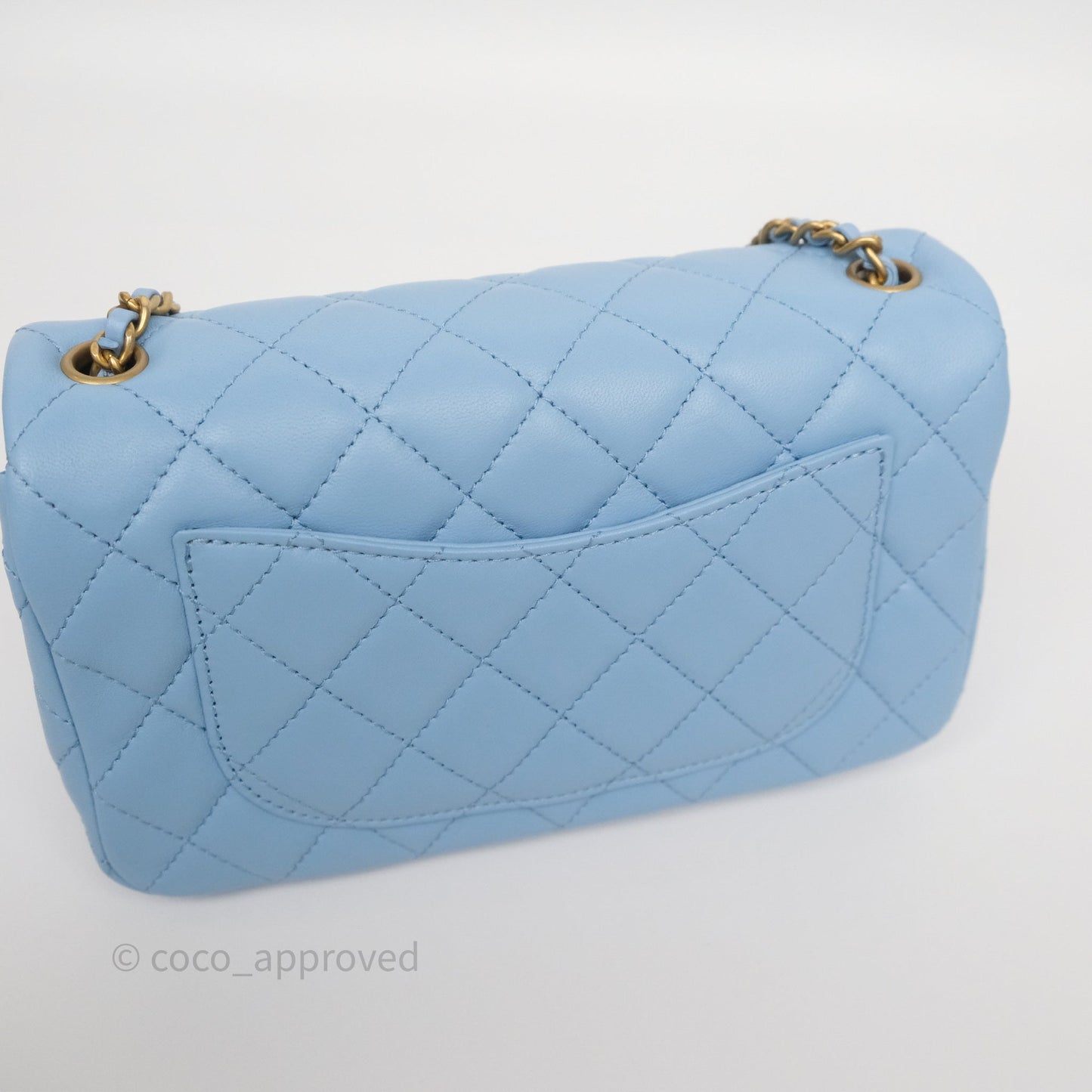 Chanel Mini Rectangular Pearl Crush Quilted Sky Blue Lambskin Aged Gold Hardware