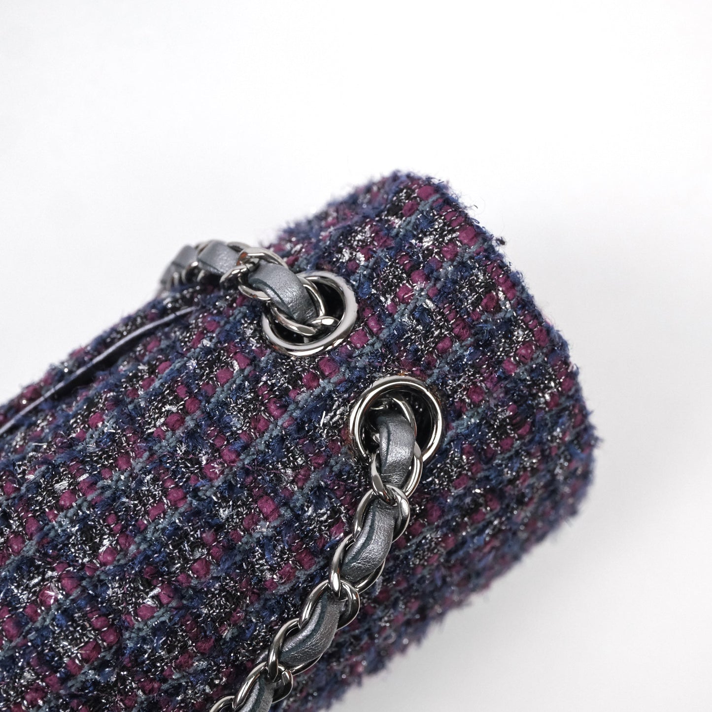 Chanel Classic M/L Medium Double Flap Purple Tweed Glitter Gun Metal