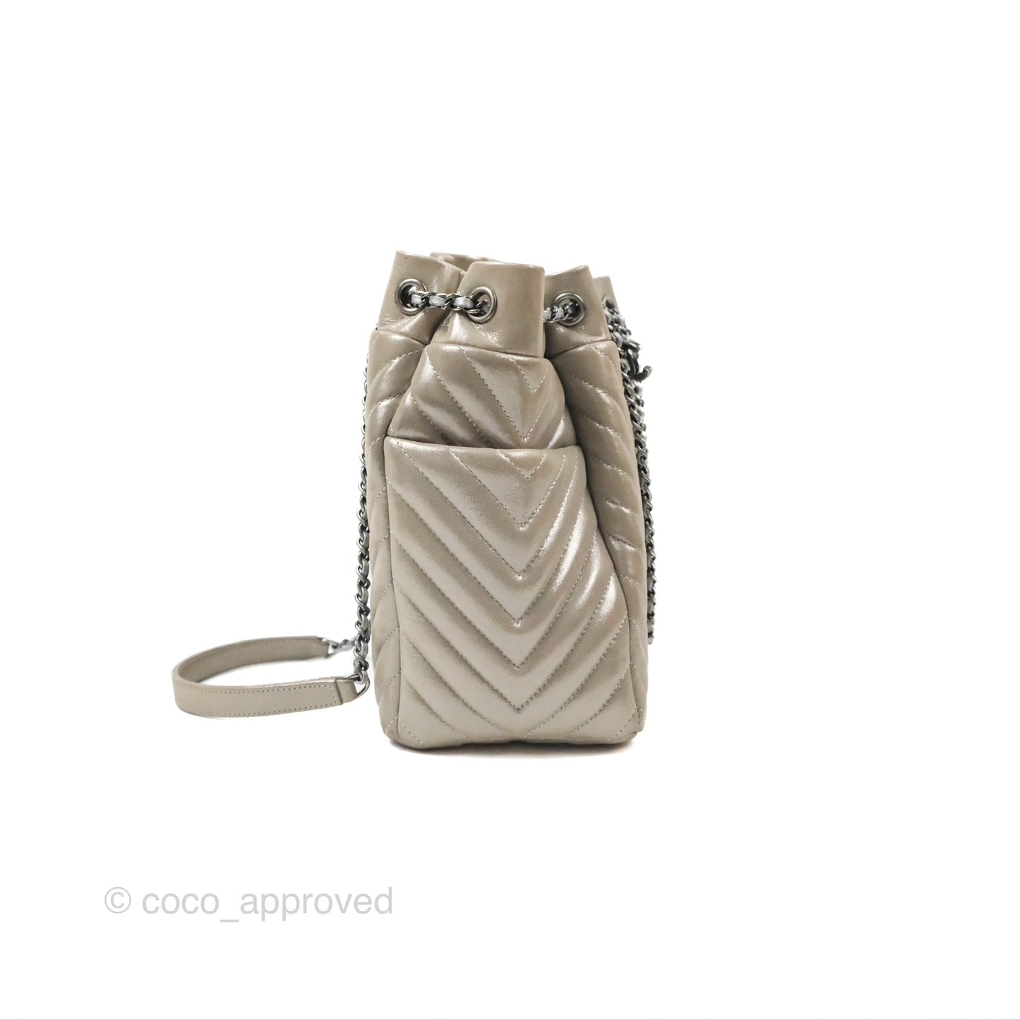 Chanel Small Urban Spirit Drawstring Bag Chevron Iridescent Silver Calfskin