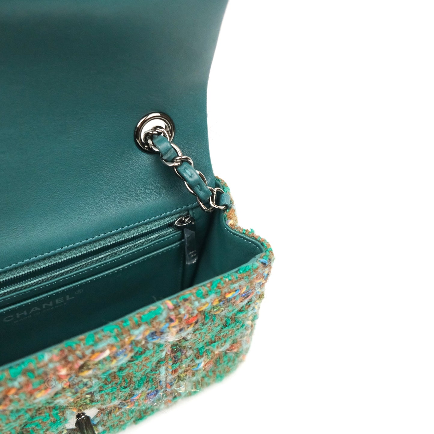 Chanel Mini Rectangular Flap Quilted Green Tweed Gun Metal 23A