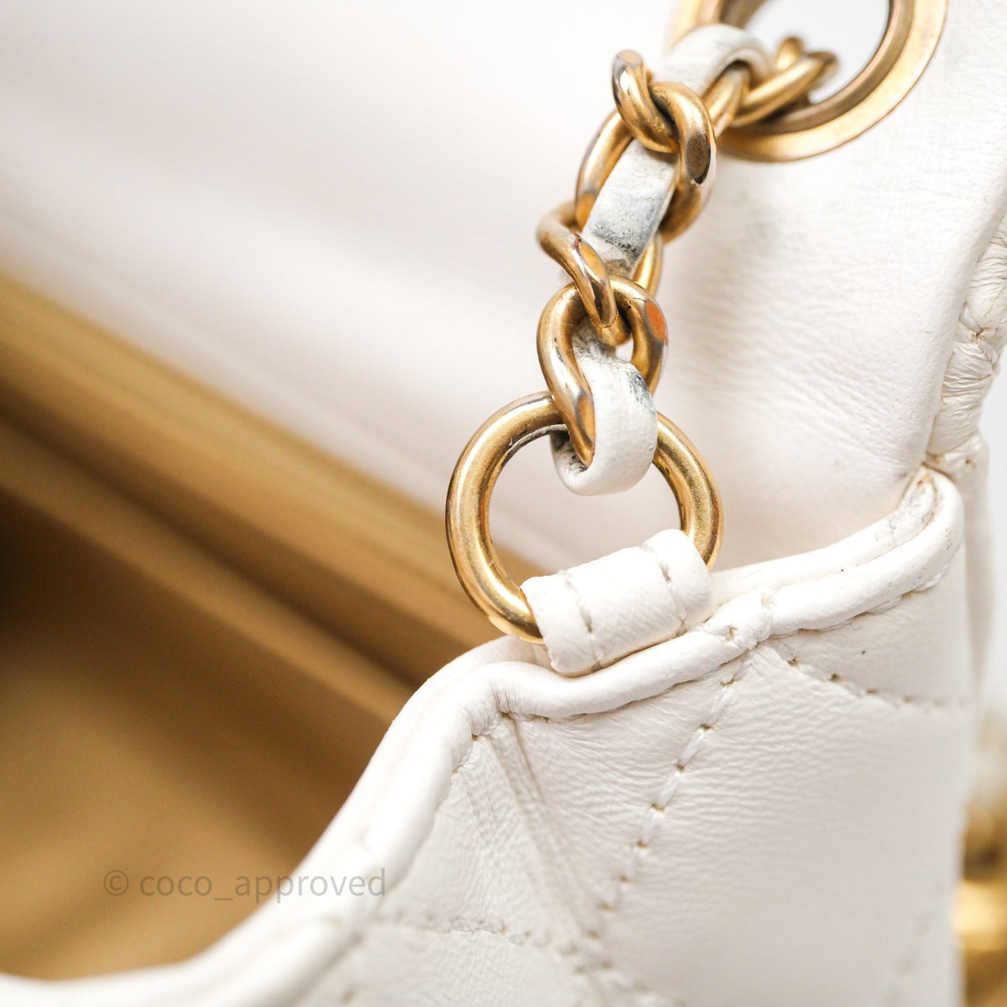 Chanel Mini Rectangular Pearl Crush Quilted White Lambskin Aged Gold Hardware
