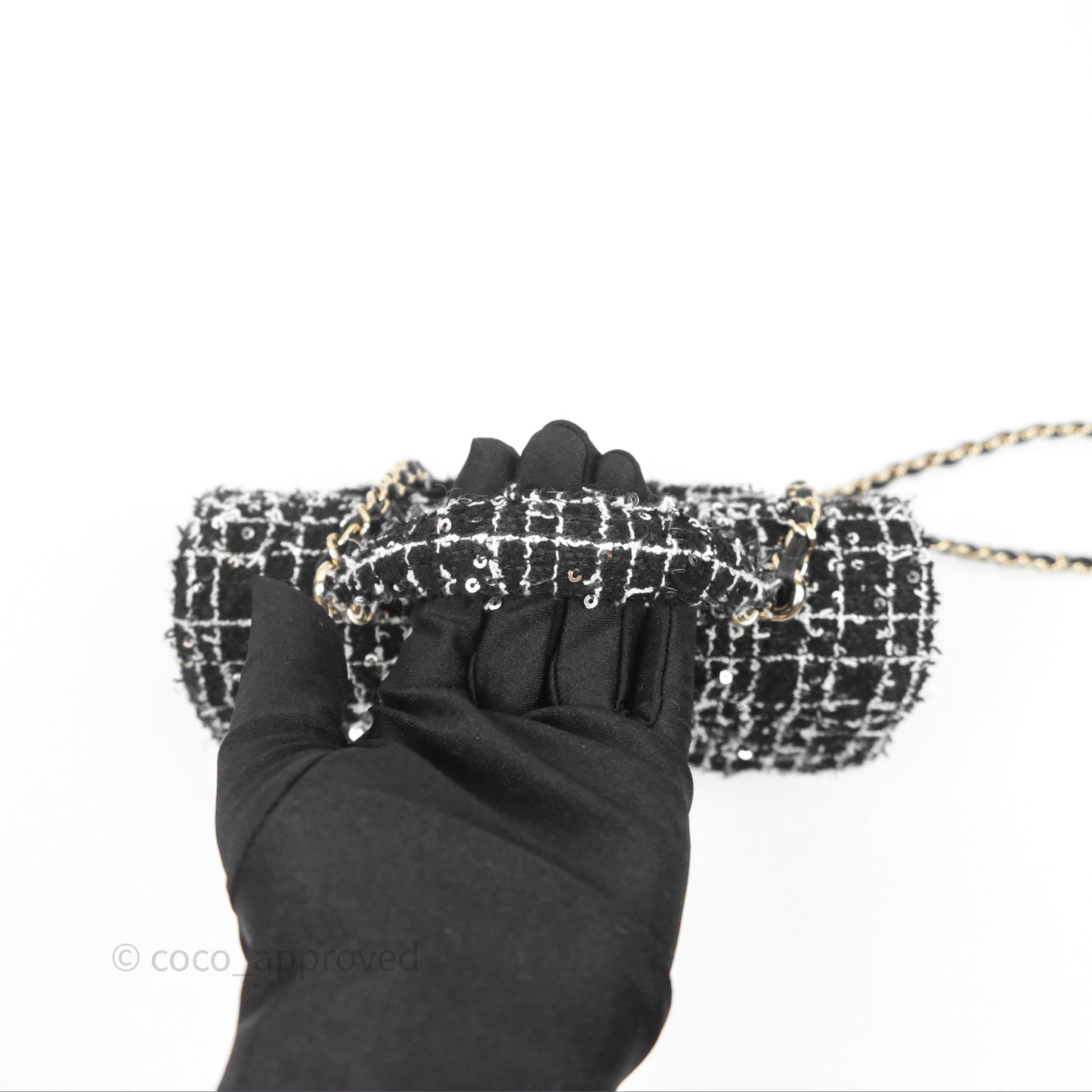 Chanel Top Handle Mini Rectangular Flap Black/ White Sequin Tweed Gold Hardware 24P