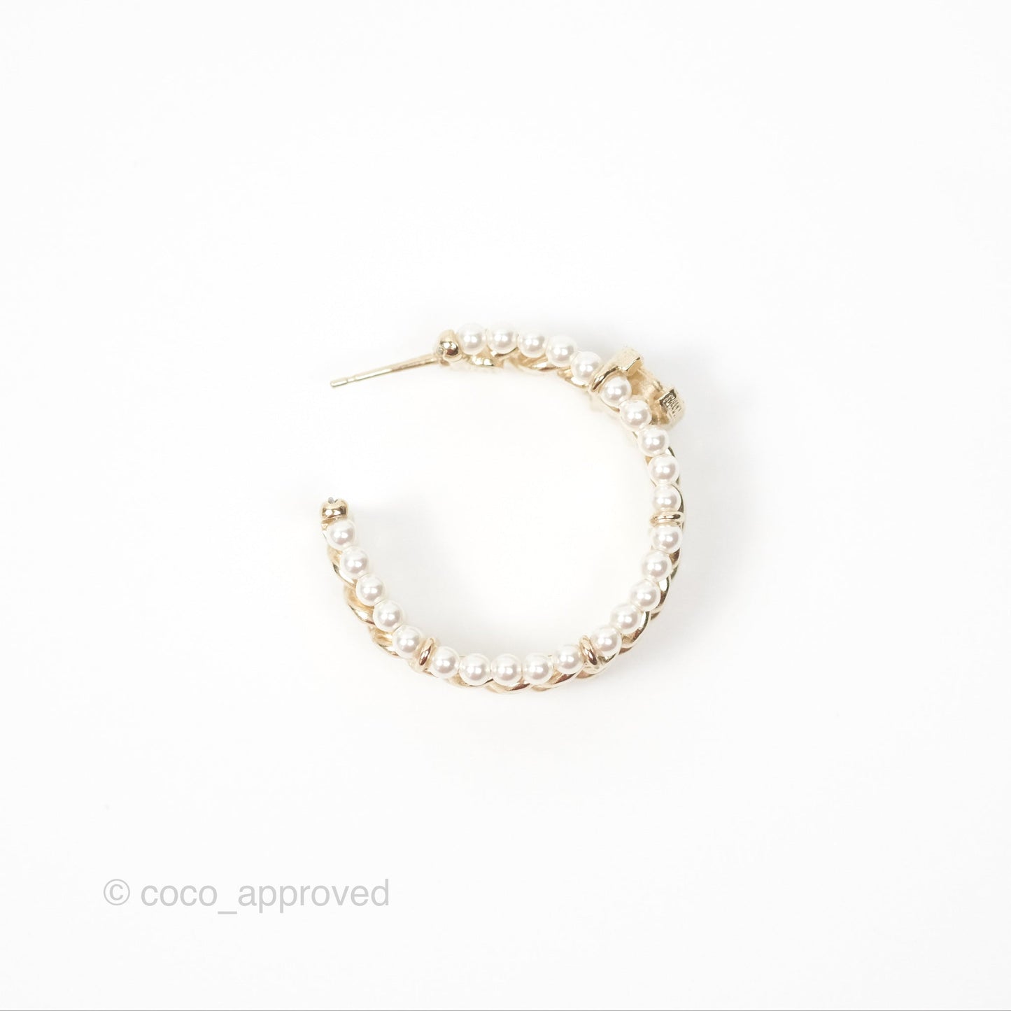 Chanel CC Pearl Hoop Earrings Gold Tone 20C