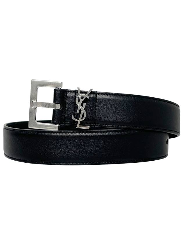 Luxury Saint Laurent Square Buckle Monogram Leather Belt Black