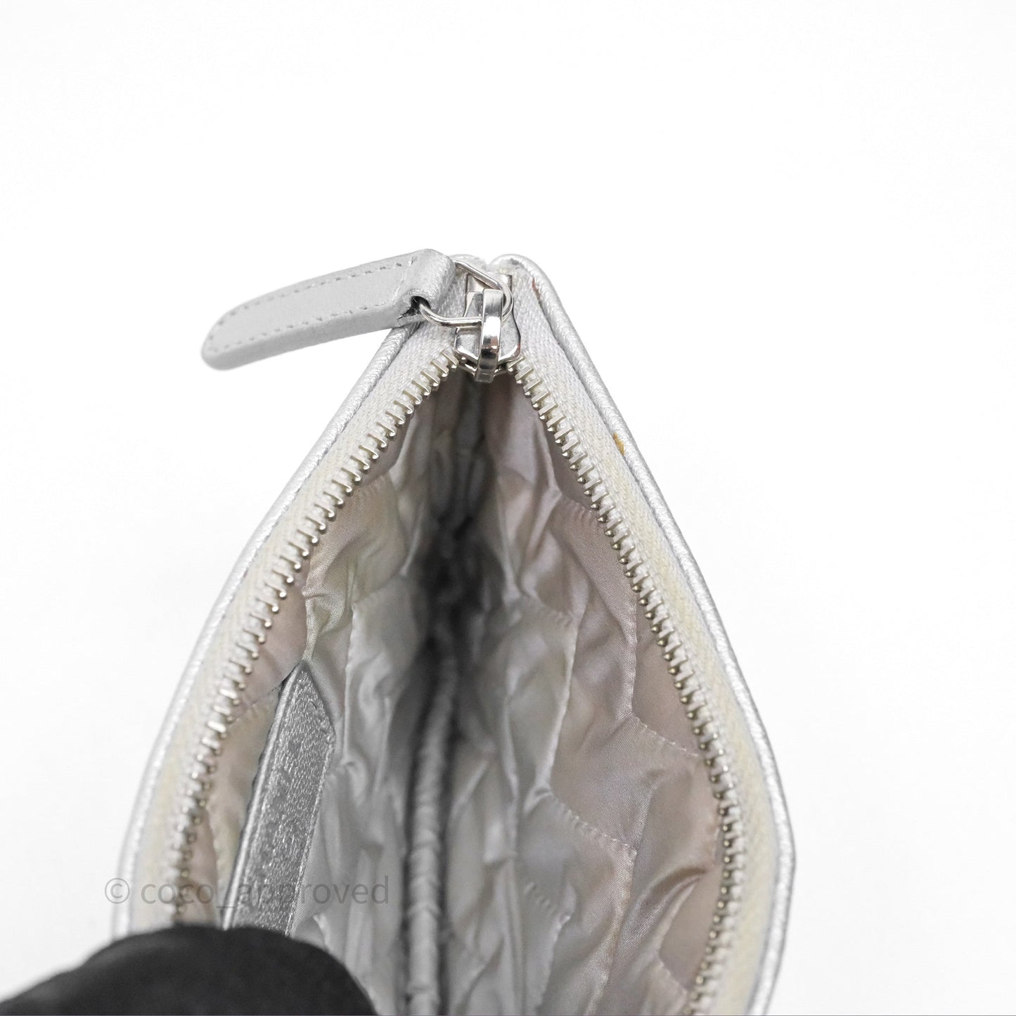 Chanel Mini Chevron Mademoiselle O Case Silver Goatskin Silver Hardware