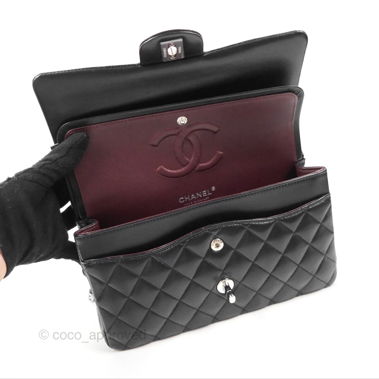 Chanel Classic M/L Medium Flap Quilted Black Lambskin Silver Hardware