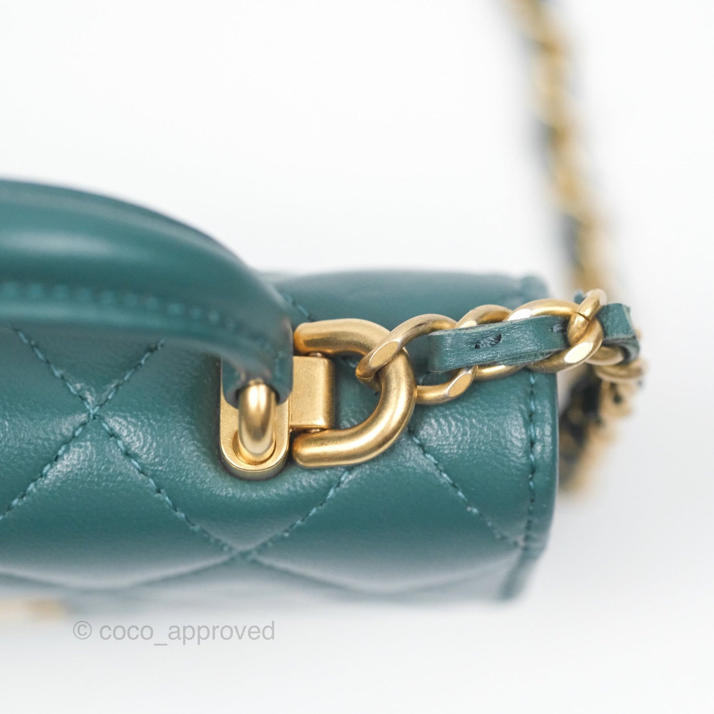 Chanel Mini Handle Clutch With Chain Green Lambskin Aged Gold Hardware