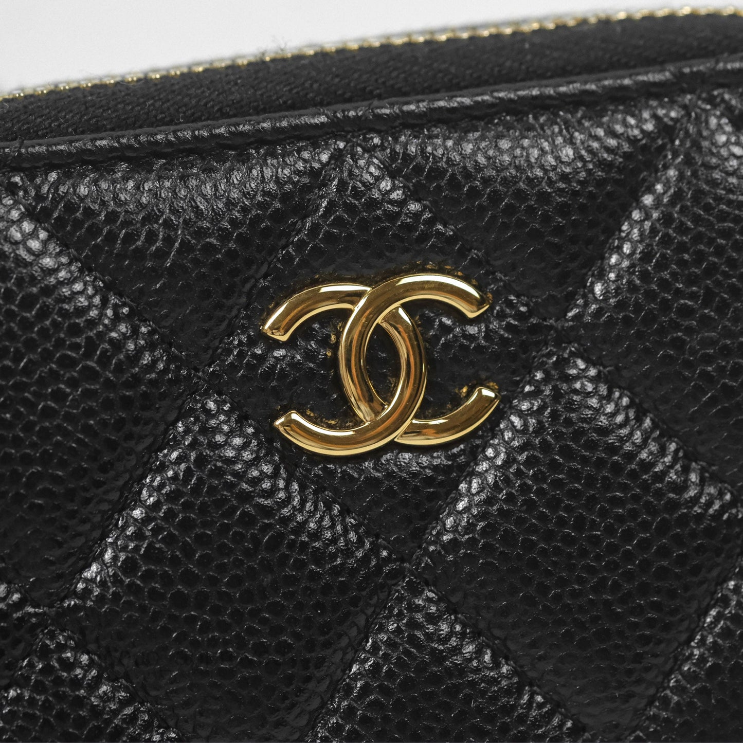 Chanel Miss Coco Quilted Zip Card Holder on Chain Black Caviar Gold Hardware