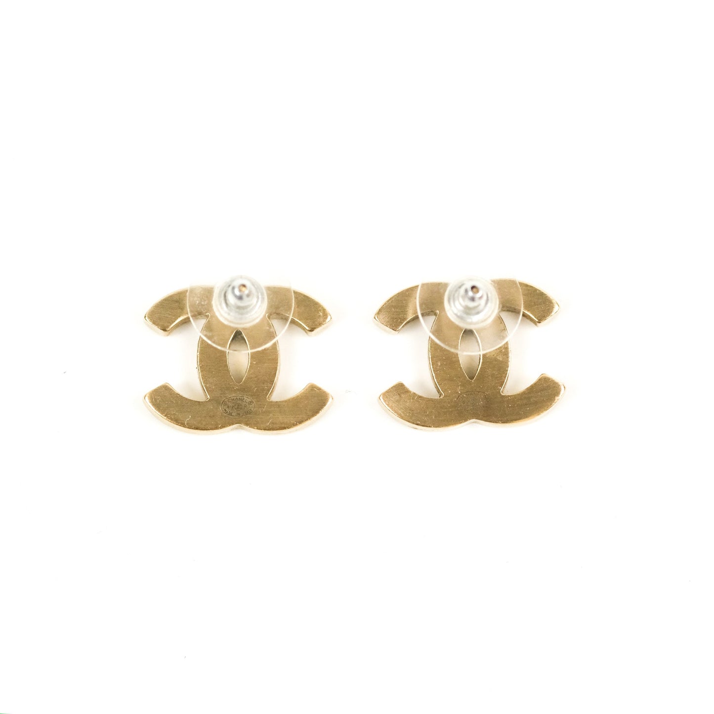 Chanel CC Black Leather Earrings Matte Gold Tone 12P