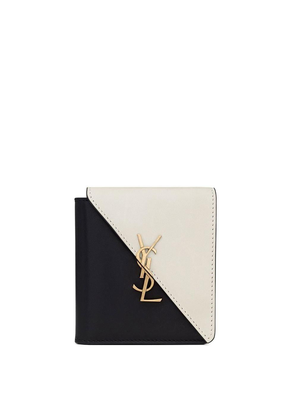 Luxury Saint Laurent Women's Logo Plaque Leather Wallet in Nero/Crema Soft/Nero | 710321BWRJW1031