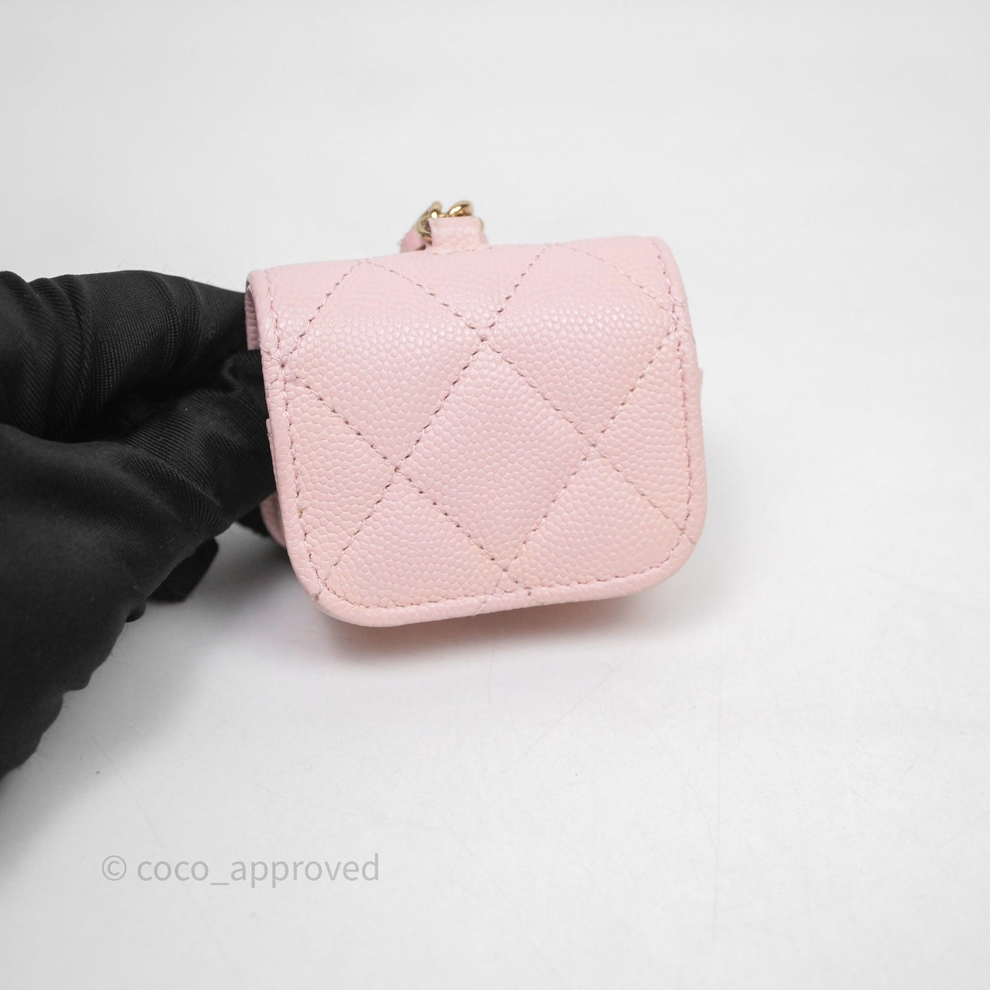 Chanel Quilted Crystal CC Pink Caviar Airpods Phone Case With Chain Light Gold Hardware