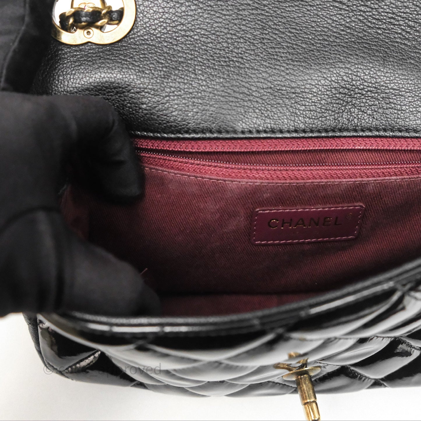 Chanel Quilted Medium Eyelet Flap Bag Black Patent Aged Gold Hardware