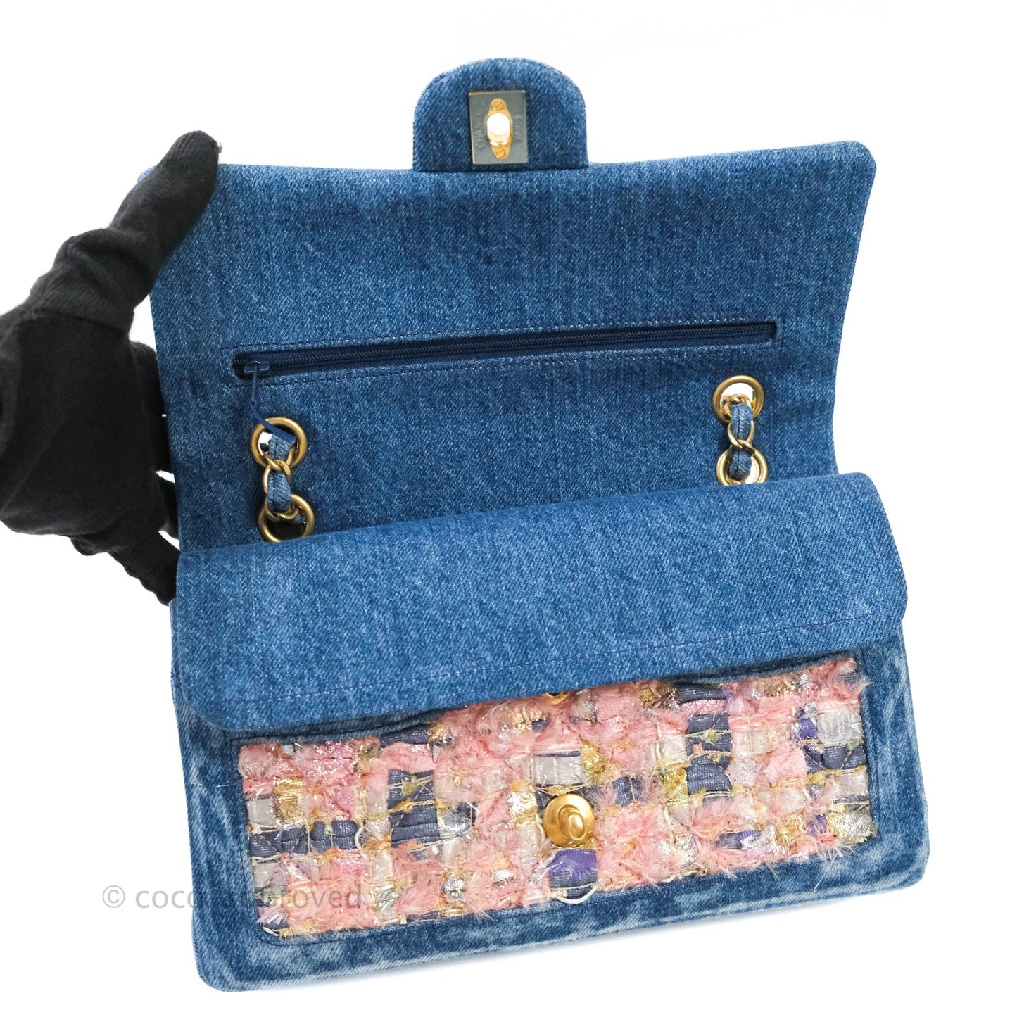 Chanel Quilted M/L Medium Double Flap Tweed Washed Denim Aged Gold Hardware