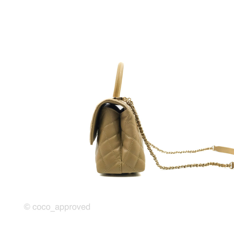Chanel Small Coco Handle Quilted Dark Beige Caviar Gold Hardware Lizard Handle