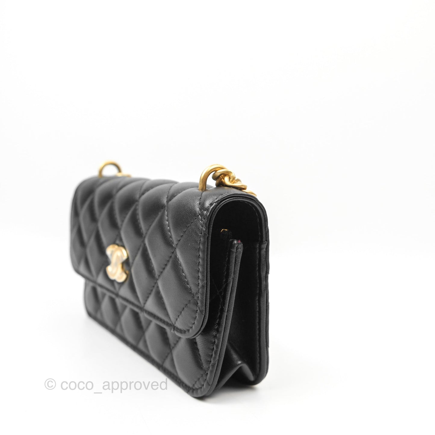Chanel Mini WOC Phone Holder with Camellia Adjustable Chain Black Lambskin