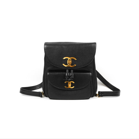 Chanel Vintage Large CC backpack Black Caviar 24K Gold Hardware
