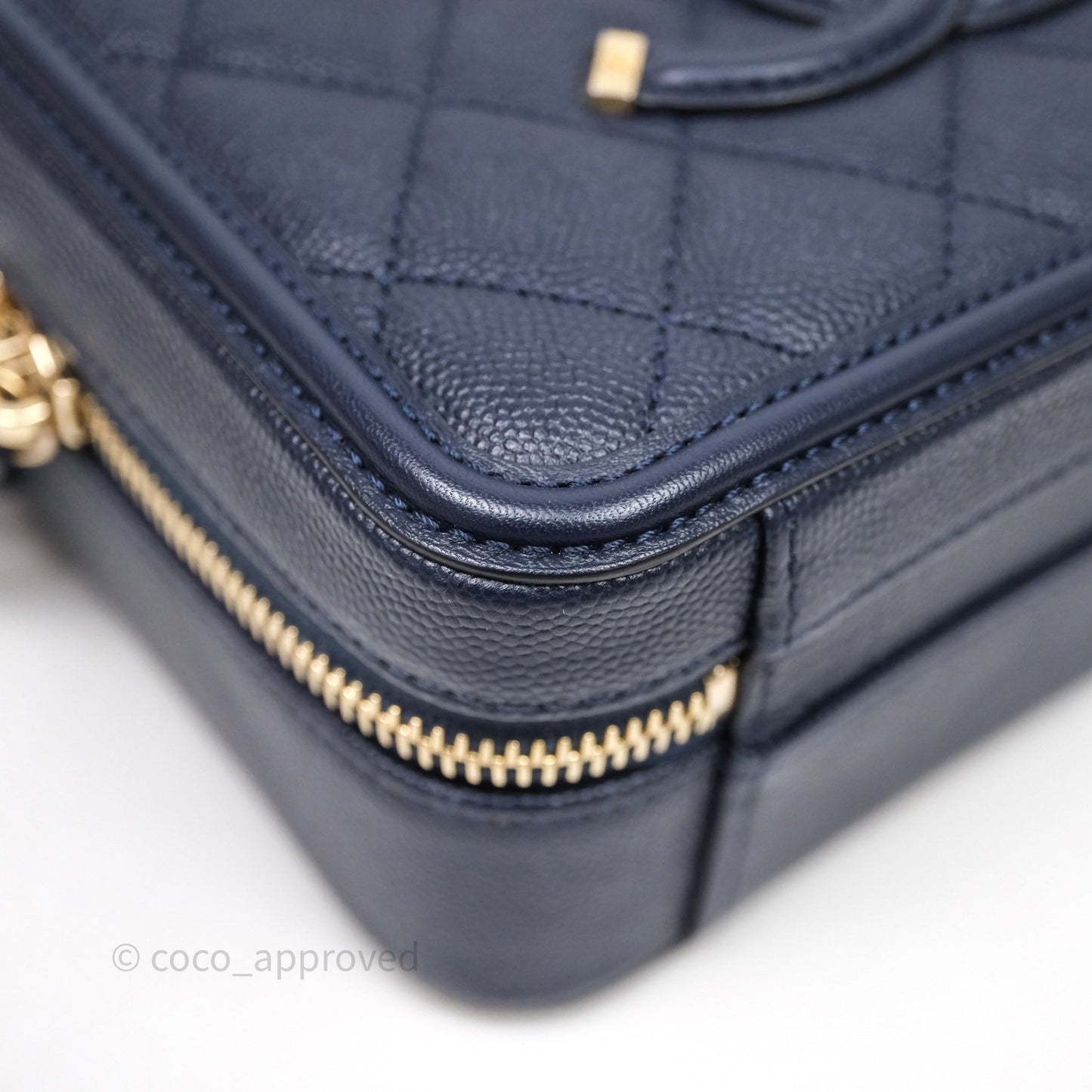 Chanel Quilted Small CC Filigree Vanity Case Navy Caviar Gold Hardware