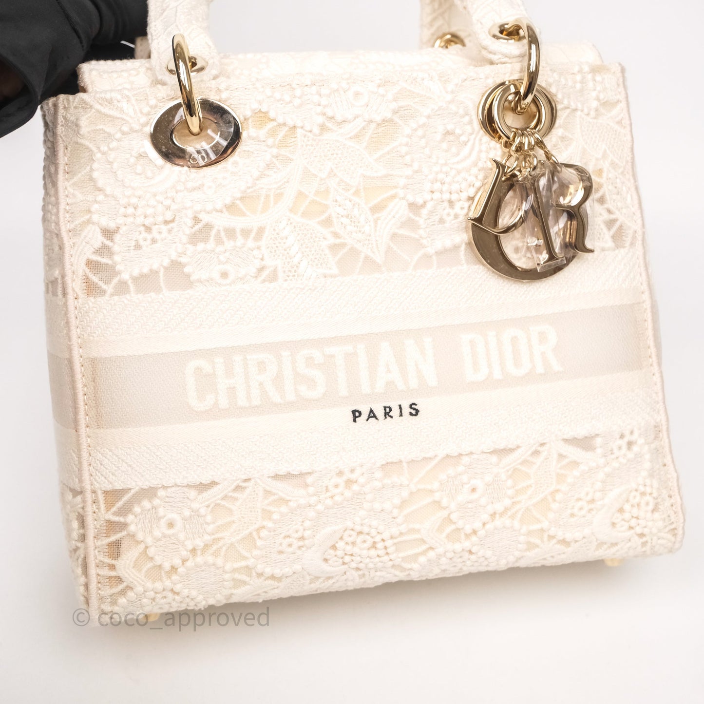 Christian Dior Lace Medium Lady Dior Ivory White Gold Hardware