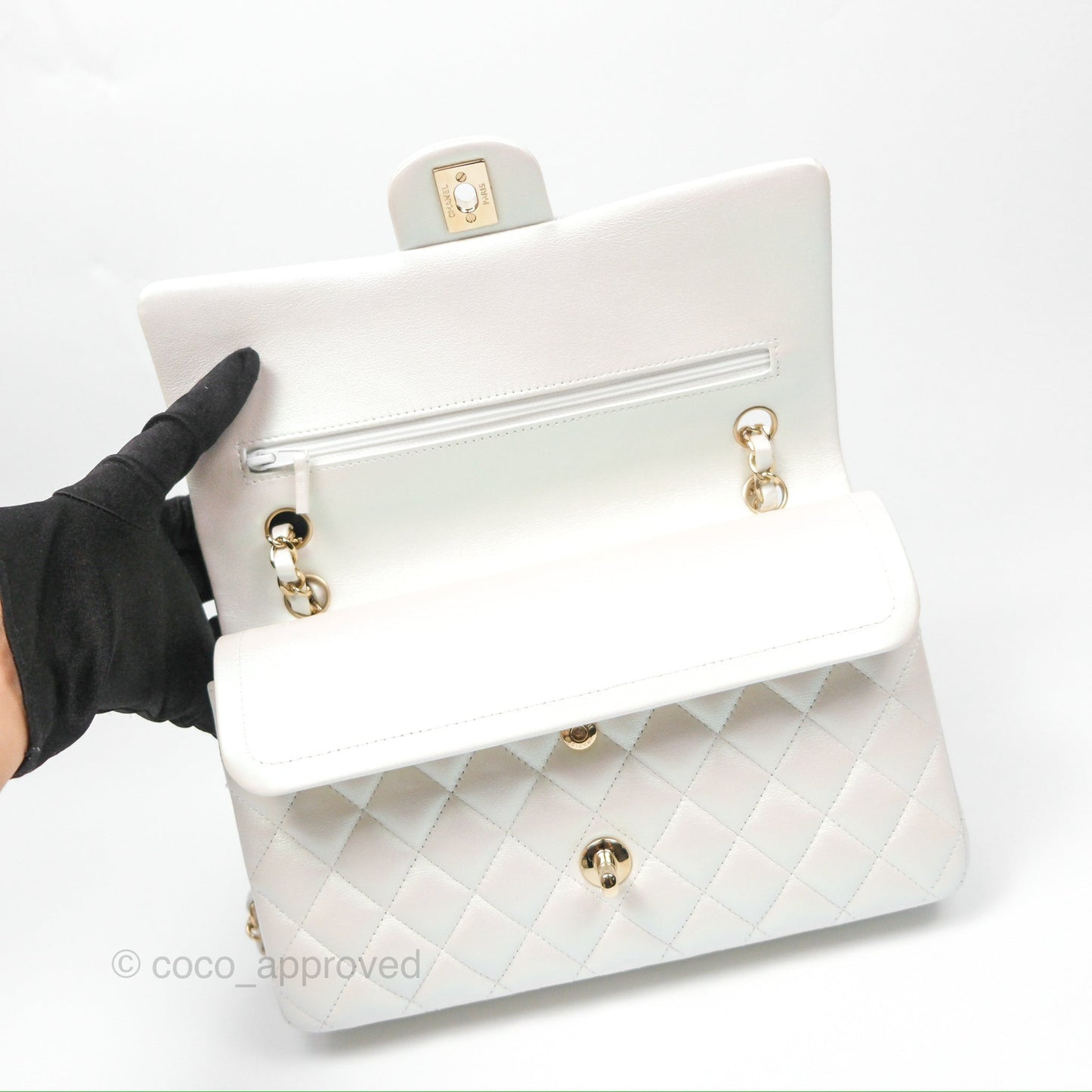 Chanel Classic M/L Medium Double Flap Iridescent White Calfskin Gold Hardware