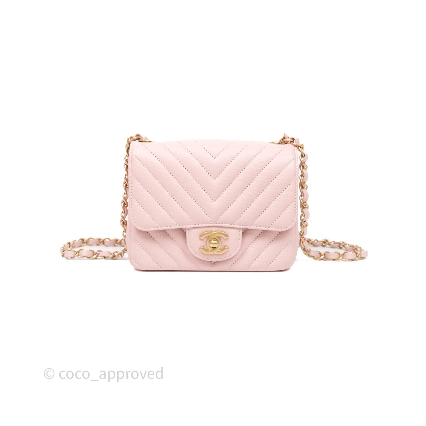 Chanel Mini Square Chevron Pink Calfskin Aged Gold Hardware