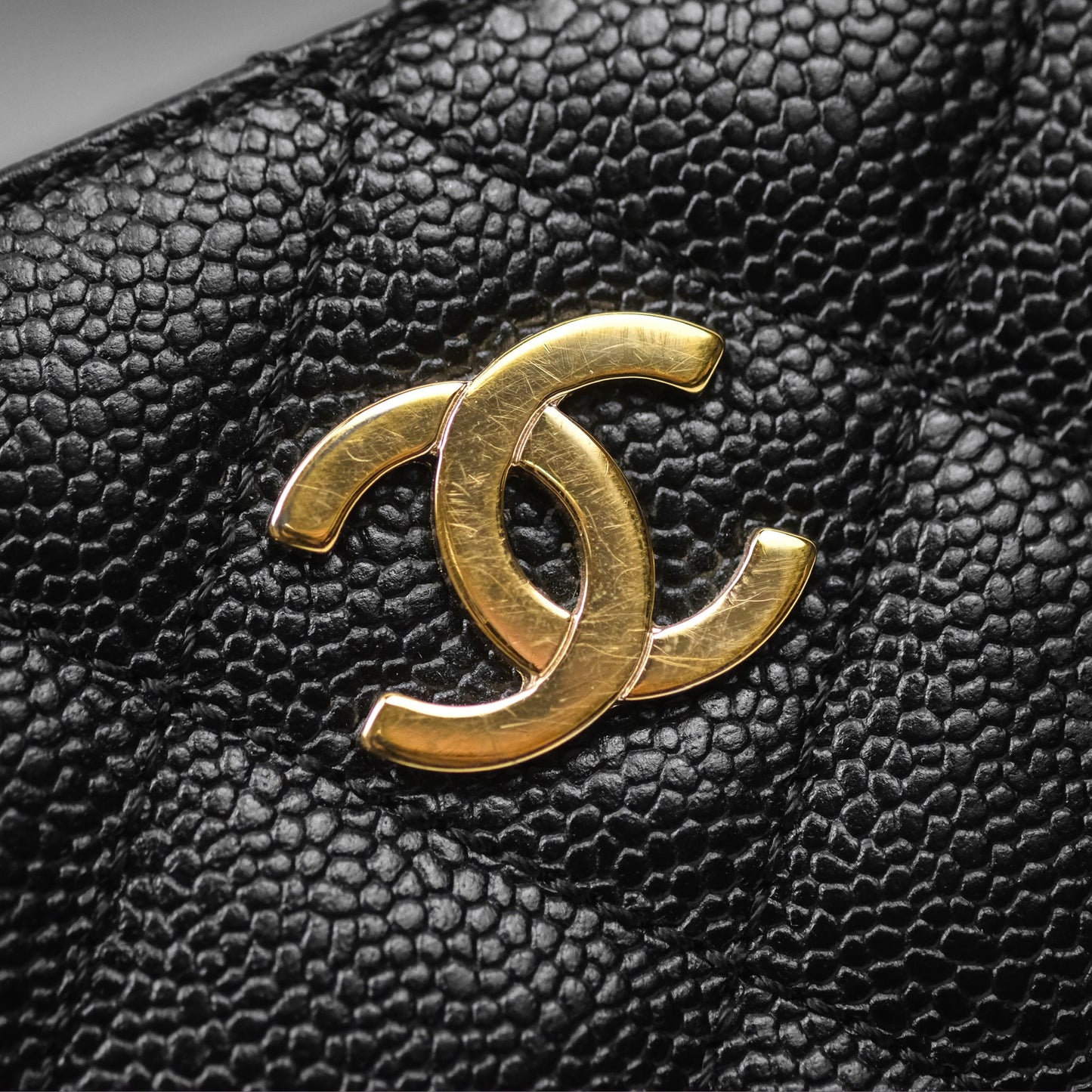 Chanel Vintage Quilted CC Tote Black Caviar Gold Hardware