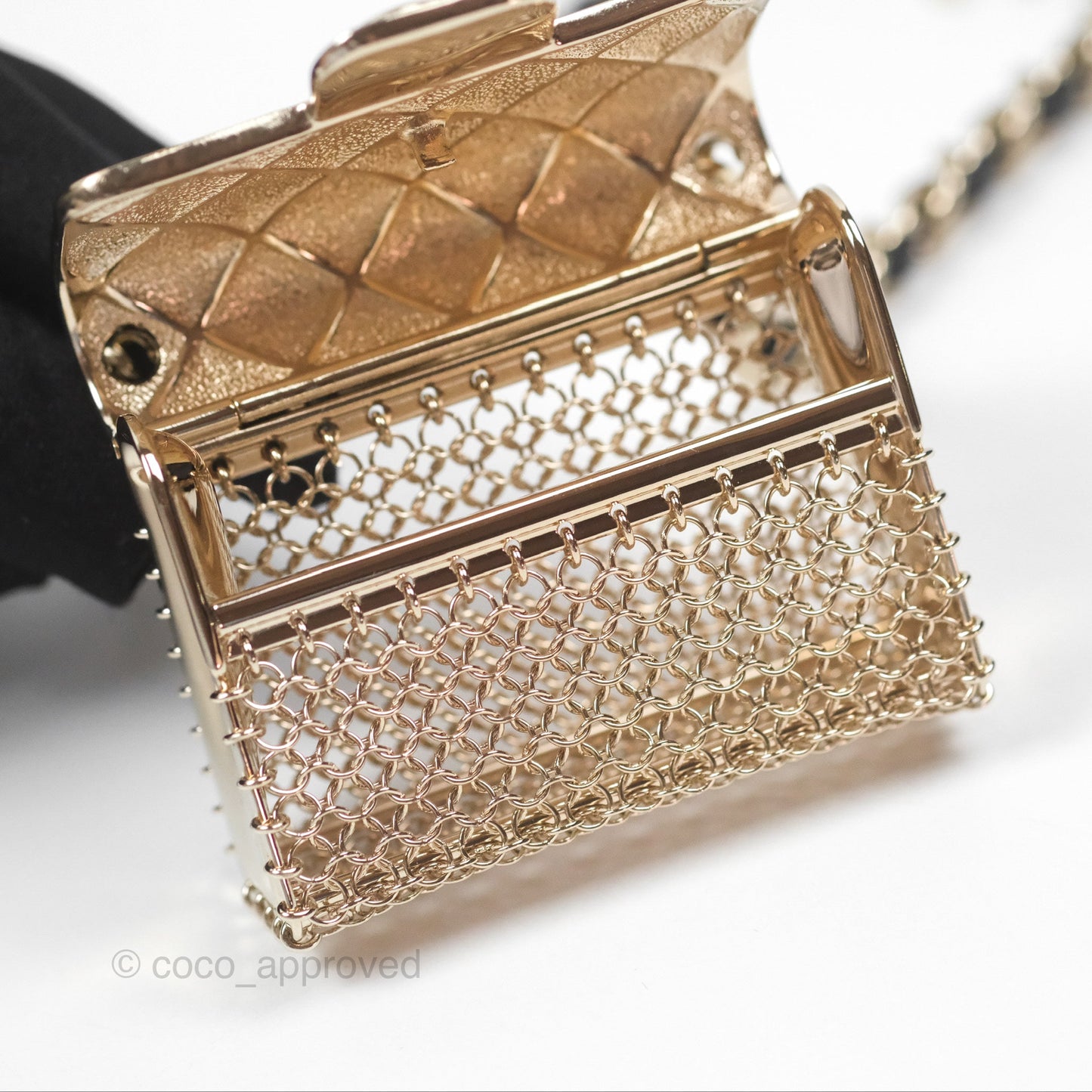Chanel Flap Bag Charm Black Leather Chain Necklace Gold Tone 21S