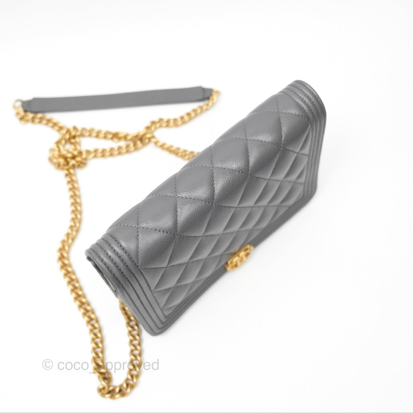 Chanel Quilted Boy Wallet on Chain WOC Grey Caviar Aged Gold Hardware