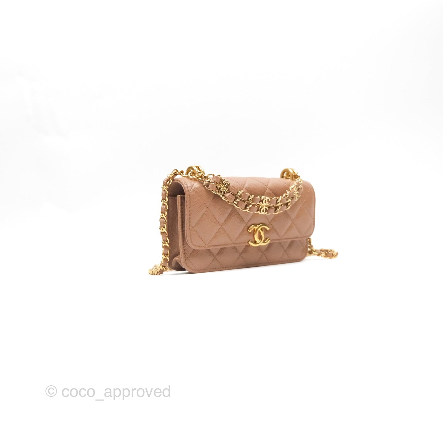 Chanel Coco First Phone Holder Dark Beige Caviar Gold Hardware 22K