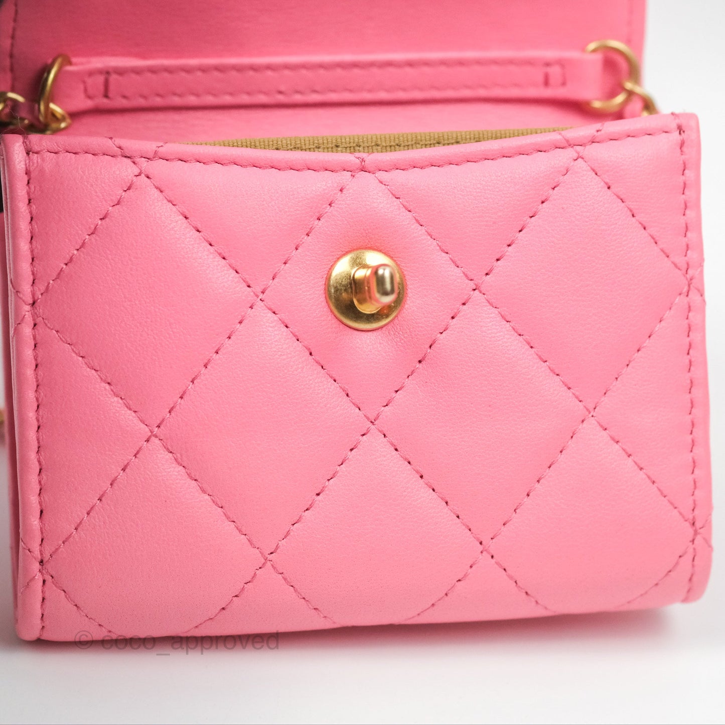 Chanel Pearl Crush Mini Clutch With Chain Pink Lambskin Aged Gold Hardware