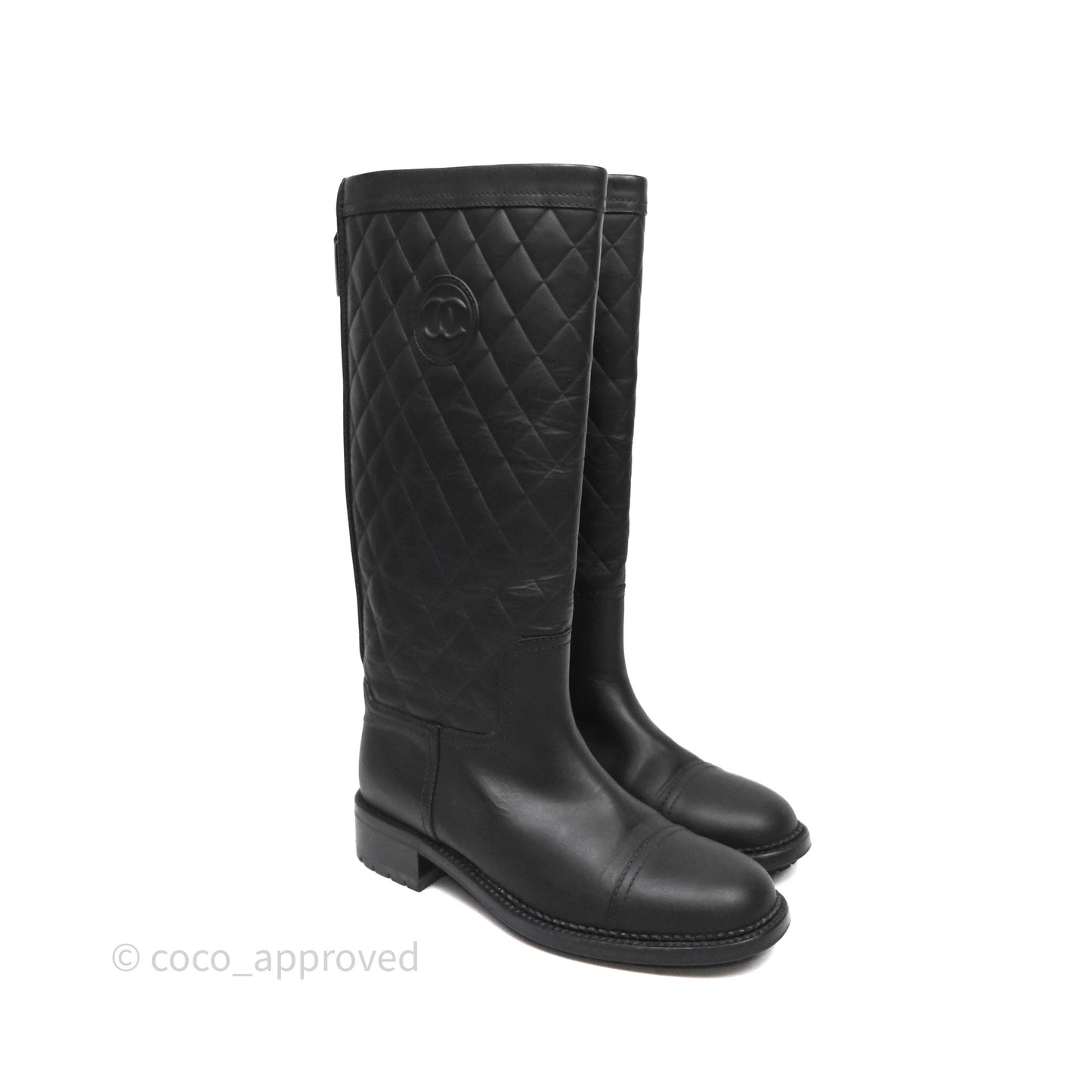 Chanel CC Quilted Knee High Boots Black Calfskin
