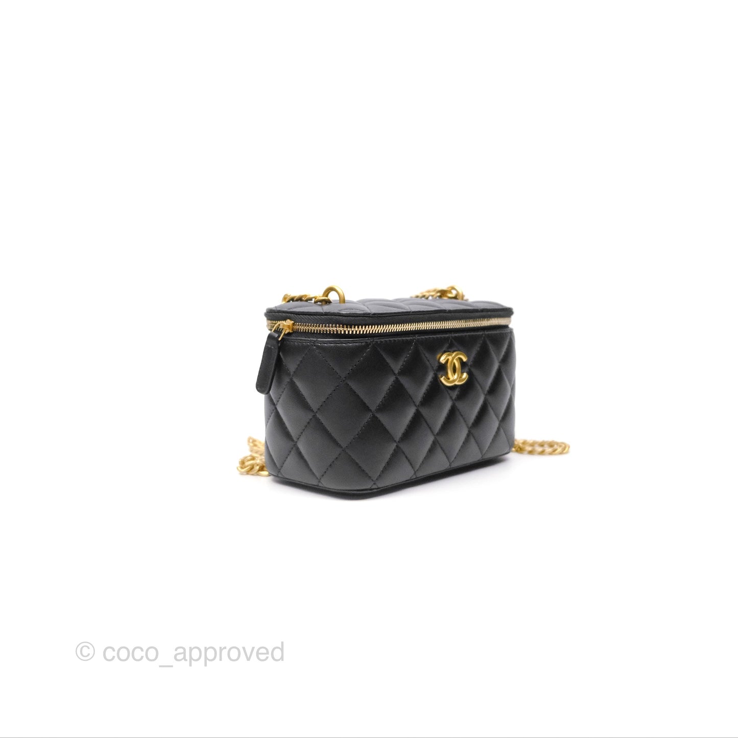 Chanel Quilted Vanity Rectangular with Camellia Adjustable Chain Black Lambskin 23S