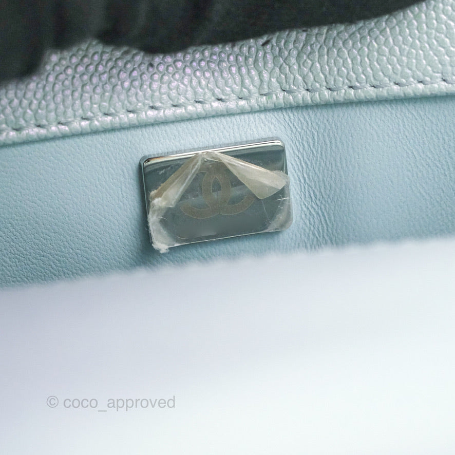 Chanel Small Coco Handle Quilted Iridescent Light Blue Caviar Rainbow Hardware
