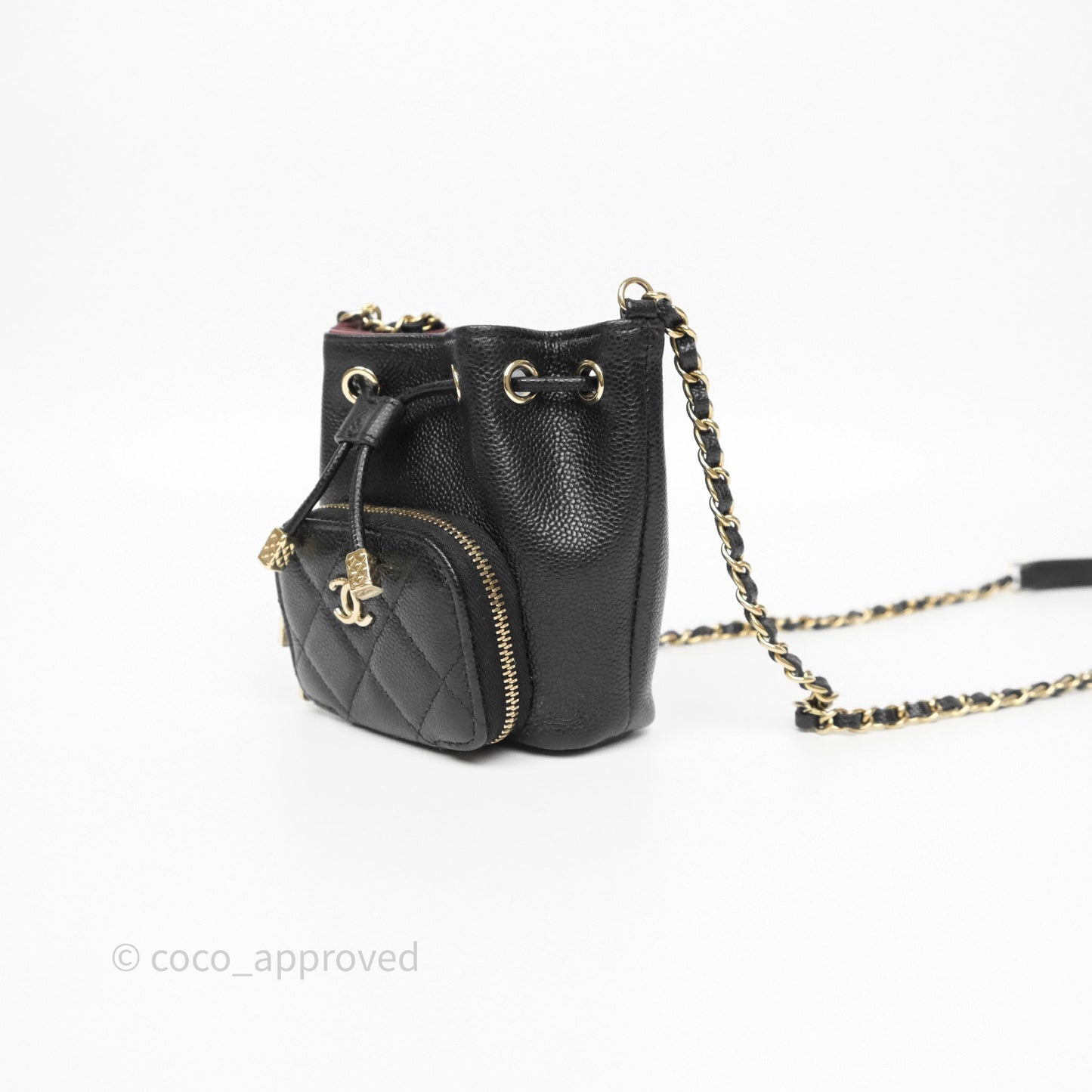Chanel Mini Pocket Bucket Bag Black Caviar Gold Hardware