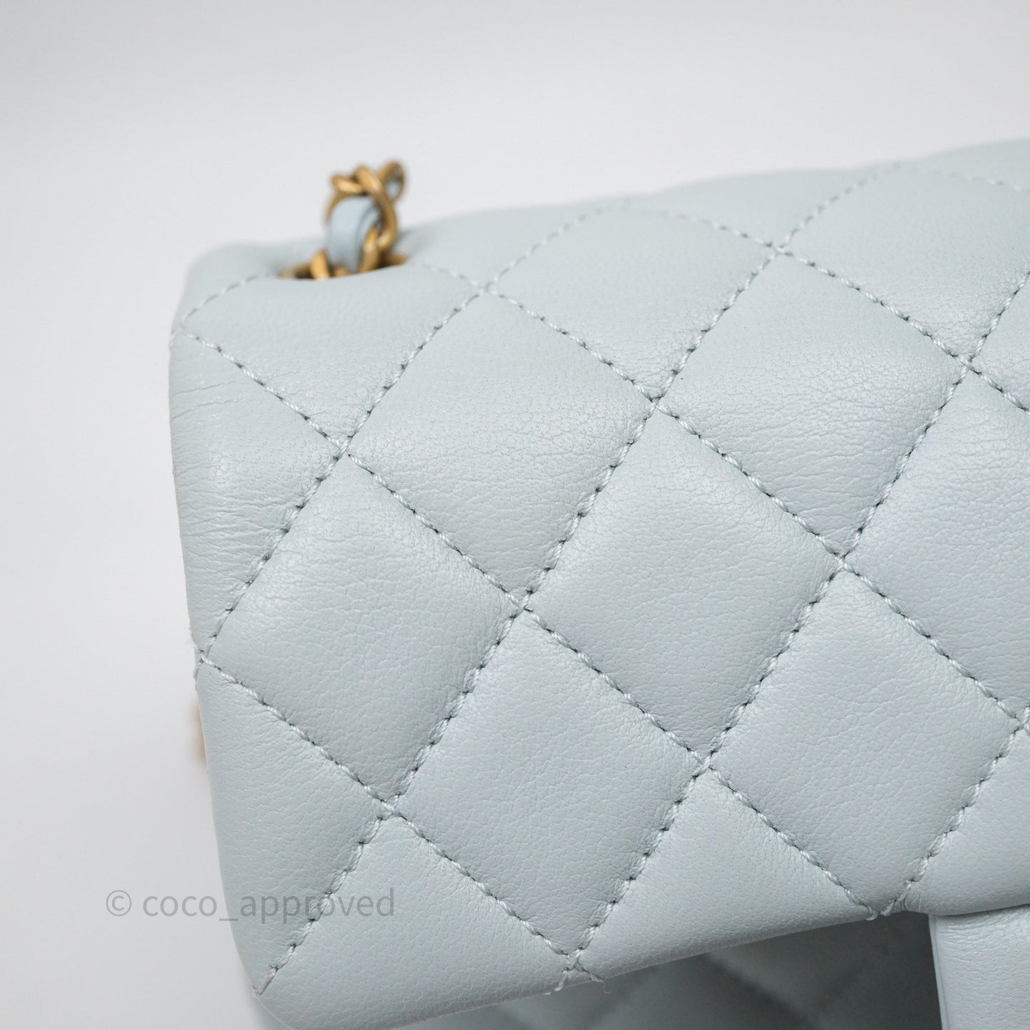 Chanel Pearl Crush Mini Rectangular Light Blue Lambskin Aged Gold Hardware